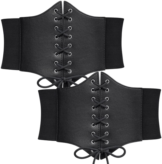WERFORU Women Corset Elastic Belt Wide Vintage Lace-Up Tied Costume Waspie Waist Belt Halloween Valentine Apparel & Accessories > Clothing Accessories > Belts WERFORU Black+black Suit Waist Size 30"-32" 