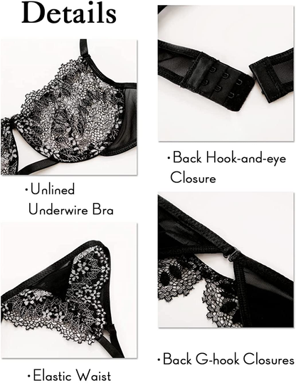 Kaei&Shi Shimmer Floral Lace, Underwire Keyhole, Scalloped Lace Belt, 3 Piece Lingerie Set Apparel & Accessories > Clothing > Underwear & Socks > Lingerie Kaei&Shi   