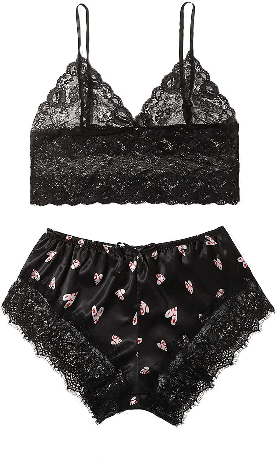 SOLY HUX Women'S plus Size Spaghetti Strap Lace Trim Bralette and Shorts Sleepwear Pajama Lingerie Set Apparel & Accessories > Clothing > Underwear & Socks > Lingerie KYLIE MAX Black Heart X-Large Plus 