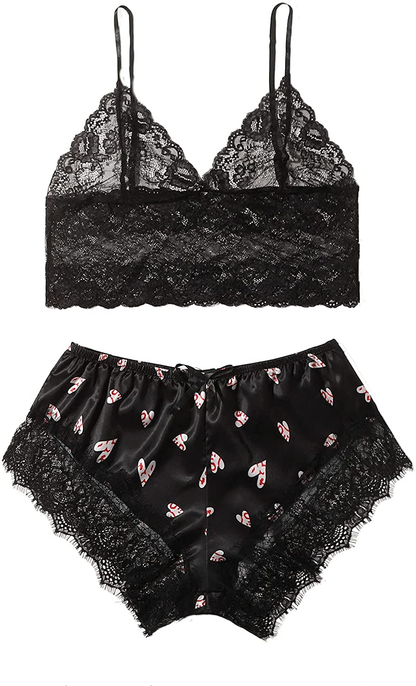 SOLY HUX Women'S plus Size Spaghetti Strap Lace Trim Bralette and Shorts Sleepwear Pajama Lingerie Set Apparel & Accessories > Clothing > Underwear & Socks > Lingerie KYLIE MAX Black Heart X-Large Plus 