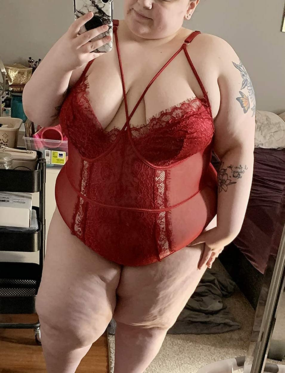 Plus Size Lingerie for Women Sexy Eyelash Lace Bodysuit Naughty Mesh One Piece Teddy Outfits Apparel & Accessories > Clothing > Underwear & Socks > Lingerie KYLIE MAX   