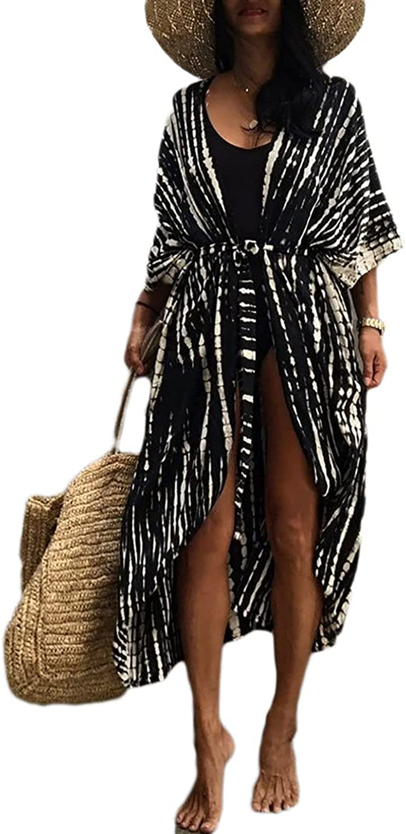 Eddoyee Womens Open Front Swimsuit Cover Ups Long Loose Print Beach Kimono Cardigans with Belt Apparel & Accessories > Clothing > Swimwear Kylie Max   