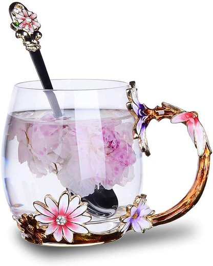 Luka Tech Enamels Butterfly flower Lead-free Glass Coffee Mugs Tea Cup with Steel Spoon, Best Birthday Gifts For Women Wife Mom Friends Mothers Valentines Day Christmas (Purple-Tall) Arts & Entertainment > Party & Celebration > Gift Giving Luka Tech Purple  