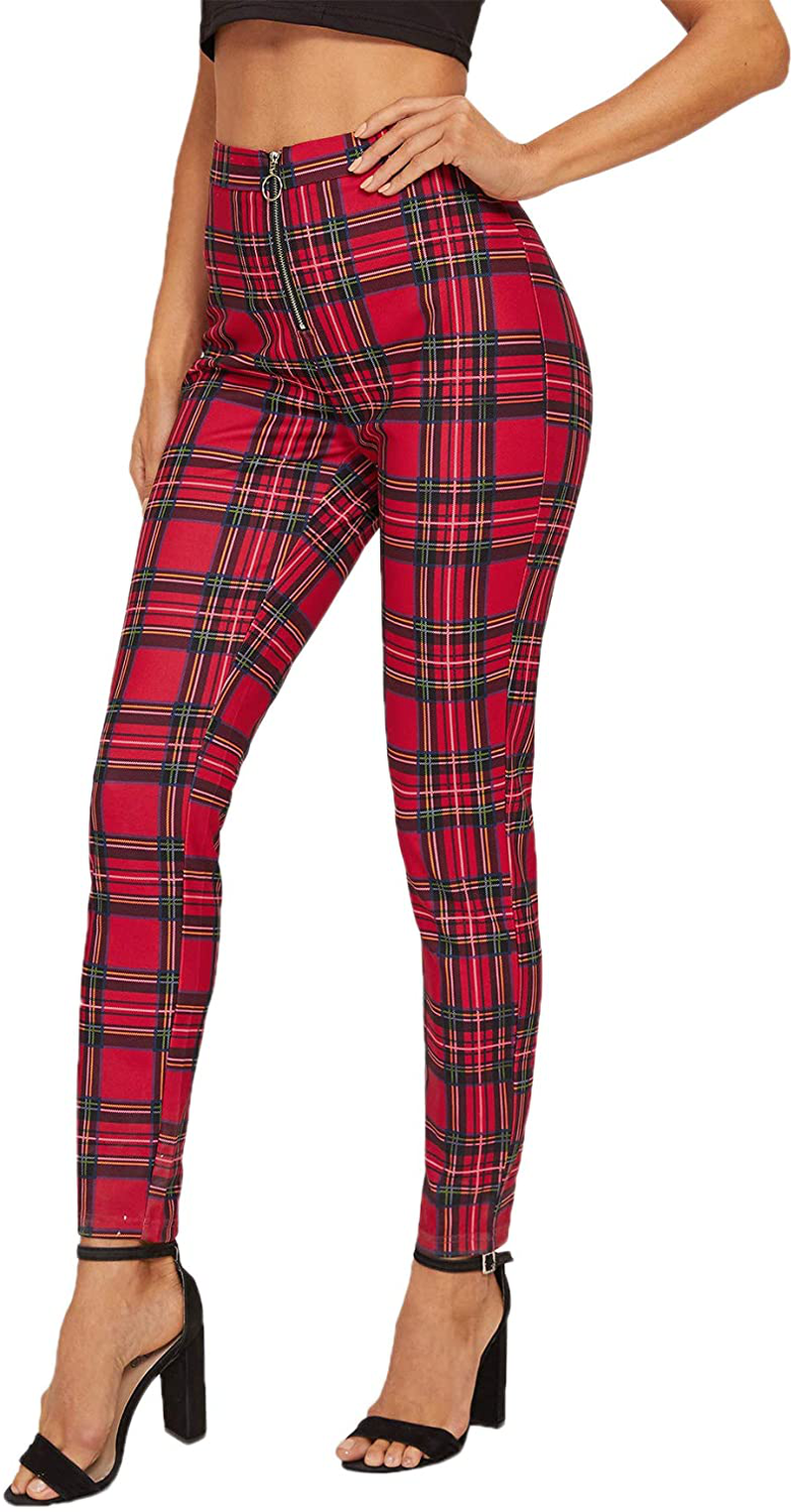 SweatyRocks Women's Casual Skinny Leggings Stretchy High Waisted Work Pants Apparel & Accessories > Clothing > Activewear SweatyRocks Zipper Red Plaid X-Small 