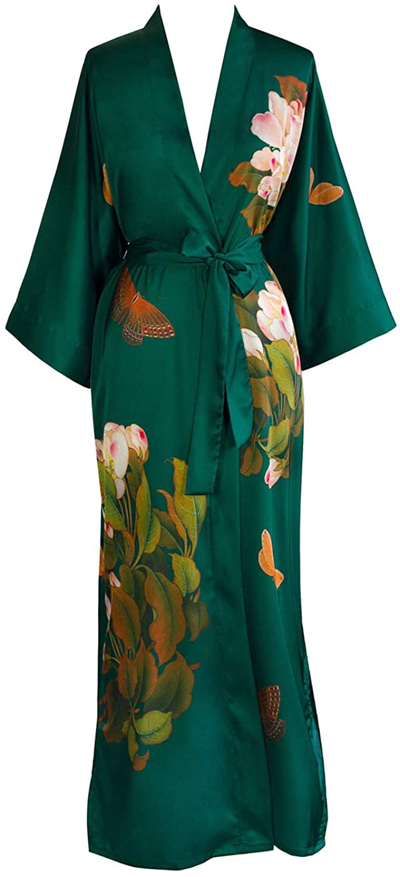 KIM+ONO Women'S Charmeuse Kimono Robe Long - Watercolor Floral Apparel & Accessories > Clothing > Sleepwear & Loungewear > Robes KIM+ONO Peony & Butterfly - Emerald  