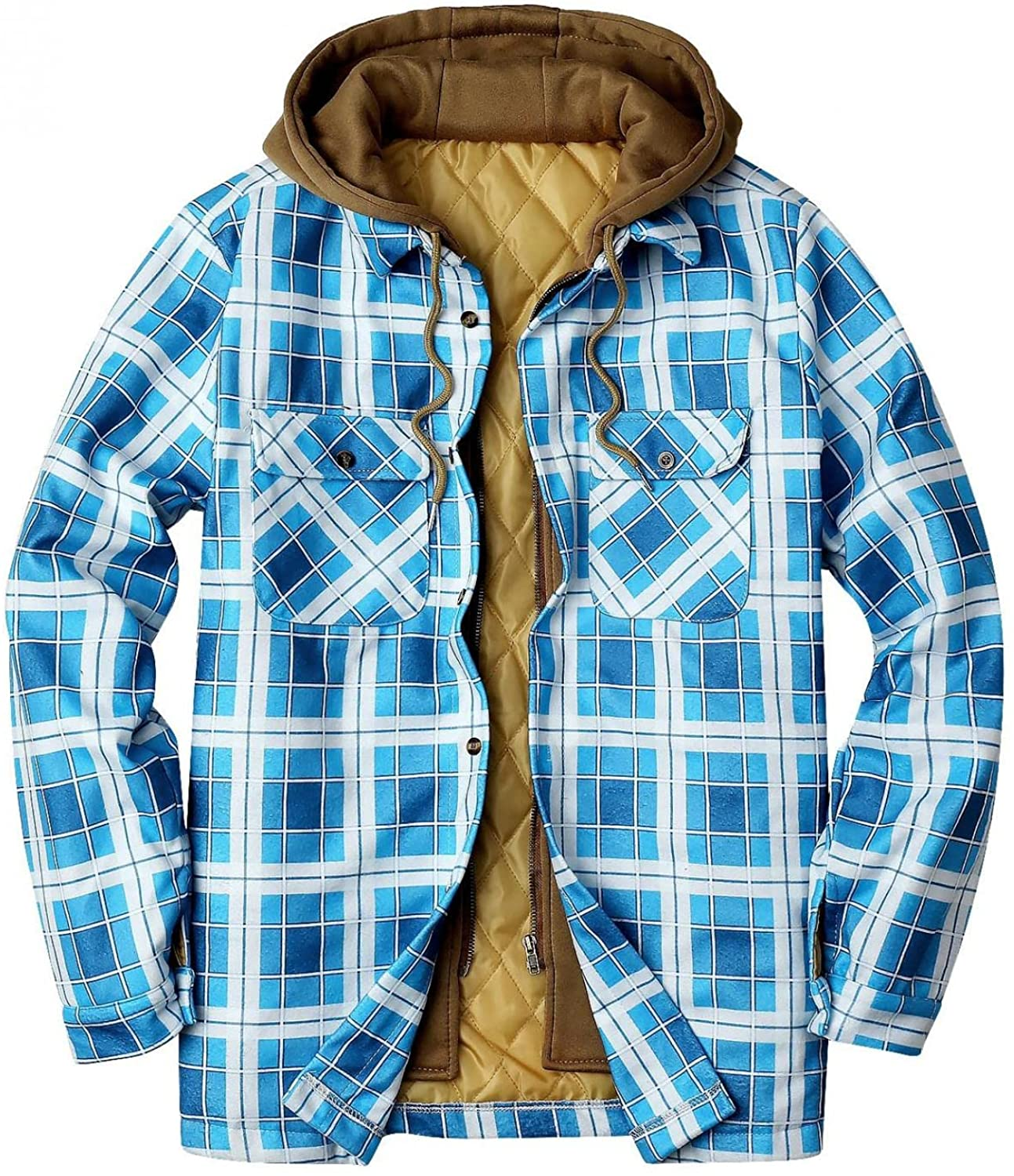 Merthy Mens Big and Tall Berber Lined Flannel Shirts Jacket Casual Long Sleeve Button down Hooded Plaid Parka Coat S-5XL Apparel & Accessories > Clothing > Underwear & Socks > Shapewear Merthy 01 Light Blue Large 