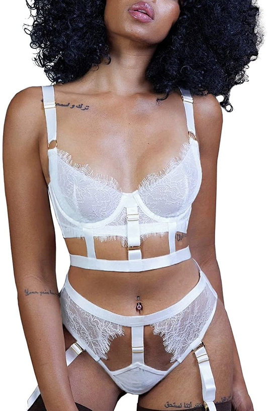 Kaei&Shi Floral Lace Sheer,Unlined Underwire Bra,Cheeky Panty,Garter Lingerie Set Apparel & Accessories > Clothing > Underwear & Socks > Lingerie Kaei&Shi White 4 