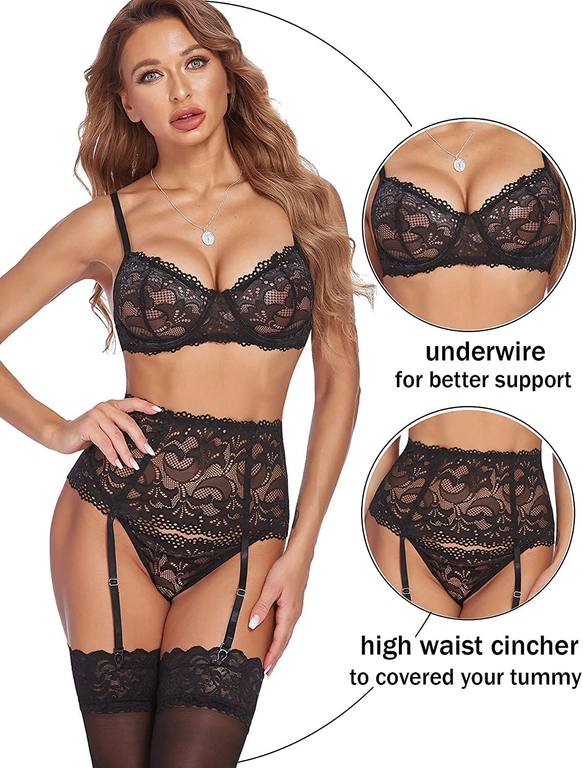 Avidlove Women Lingerie Set with Garter Belts Sexy Bra and Panty High Waist Lingerie Underwire Wine Red Large&Black Large Apparel & Accessories > Clothing > Underwear & Socks > Lingerie Avidlove   
