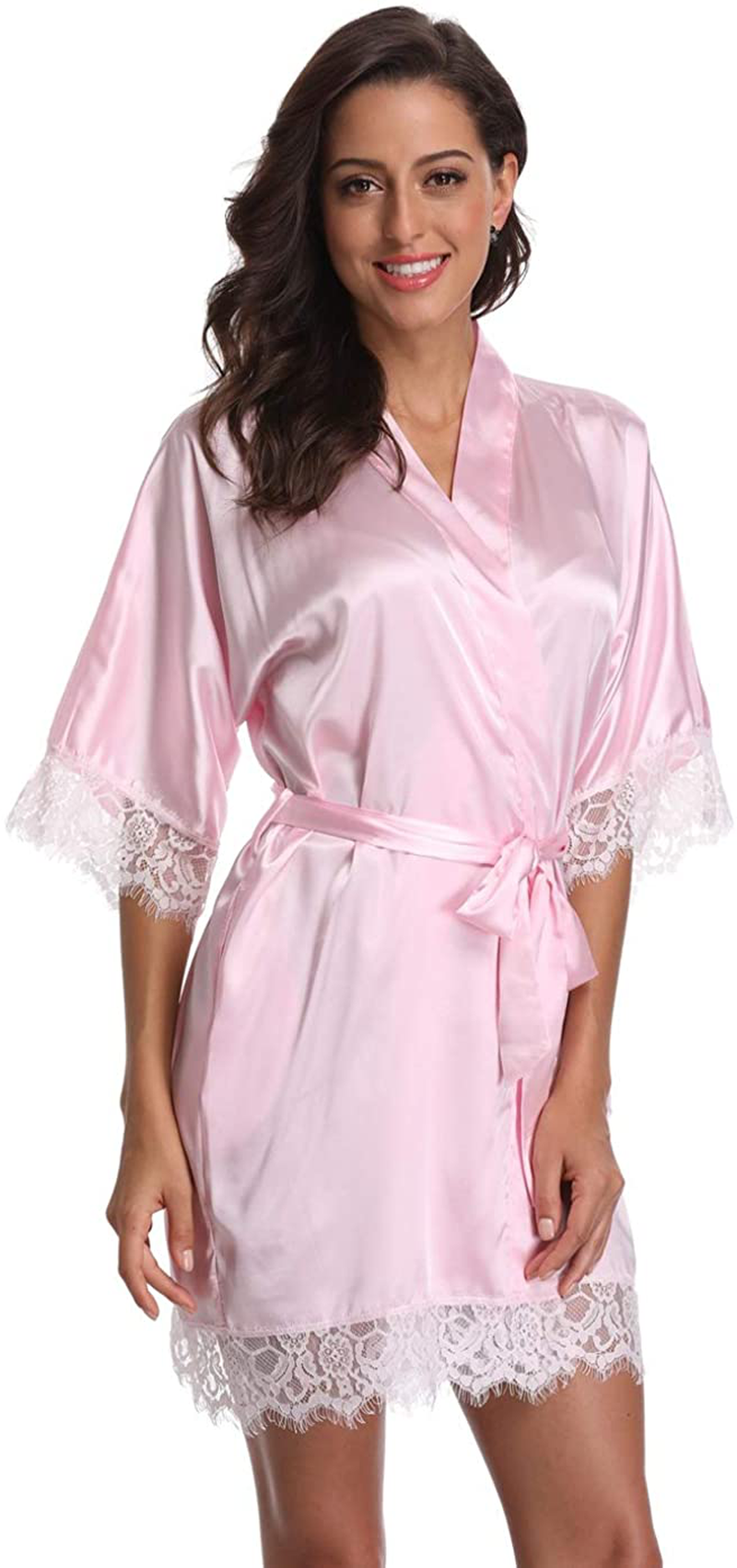 Original Kimono Women'S Lace-Trimmed Satin Short Kimono Robe Bathrobe Loungewear Apparel & Accessories > Clothing > Sleepwear & Loungewear > Robes Original Kimono   