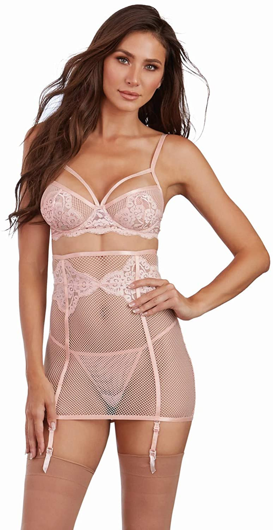 Dreamgirl Womens 3 Piece Set: Fishnet and Lace Bra, Garter Skirt and G-String Apparel & Accessories > Clothing > Underwear & Socks > Lingerie Dreamgirl Pink Champagne X-Large 