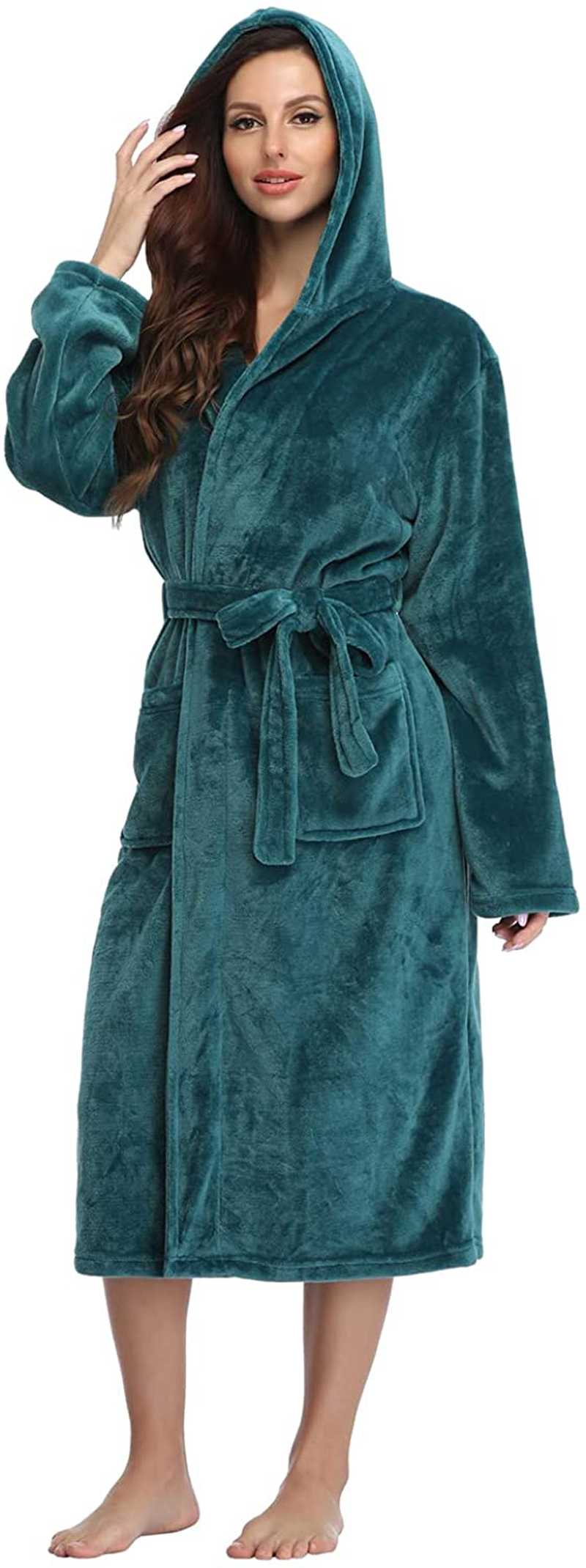 RONGTAI Womens Long Robes Plush Fleece Nightgown Thick plus Size Hooded Bathrobe with Pockets Fluffy Sleepwear for Men Apparel & Accessories > Clothing > Sleepwear & Loungewear > Robes RONGTAI Malachite Green Small 