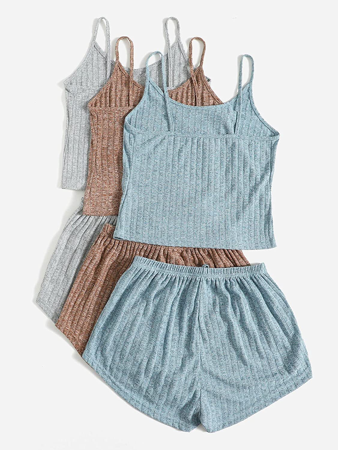 Shein Women'S 3 Sets Rib Knit Lounge Set Crop Cami Top and Tie Front Shorts Sleepwear Pajama Set Apparel & Accessories > Clothing > Sleepwear & Loungewear Kylie Max   