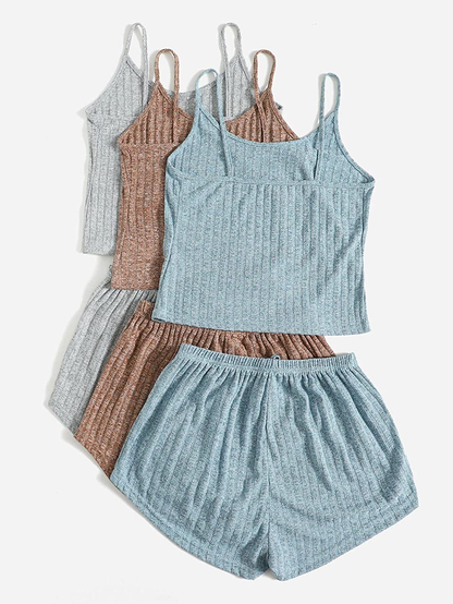 Shein Women'S 3 Sets Rib Knit Lounge Set Crop Cami Top and Tie Front Shorts Sleepwear Pajama Set Apparel & Accessories > Clothing > Sleepwear & Loungewear Kylie Max   
