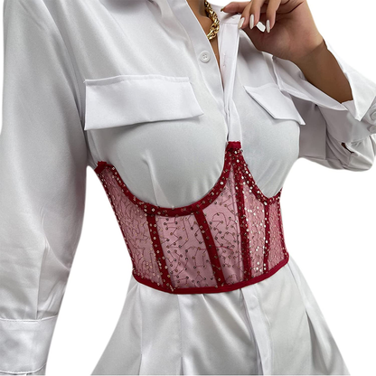 JUMISEE Women See through Mesh Lace up Bustier Corset Metal Chain Boned Overbust Waist Cincher Wide Belt Apparel & Accessories > Clothing > Underwear & Socks > Lingerie JUMISEE Sequins Red Medium 