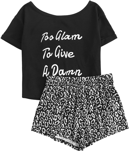 DIDK Women's Cute Cartoon Print Tee and Shorts Pajama Set Apparel & Accessories > Clothing > Sleepwear & Loungewear > Pajamas DIDK Letter Black Medium 