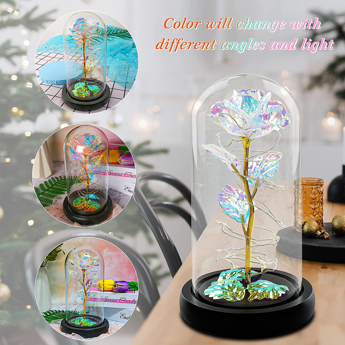 Christmas Rose Gift for her,Women's Gift Birthday Gifts Colorful Artificial Flower Rose Gift Led Light String on Colorful Flower, Last Forever in A Glass Dome, Unique Gift for Her,Thanksgiving Gift Arts & Entertainment > Party & Celebration > Gift Giving CQX   