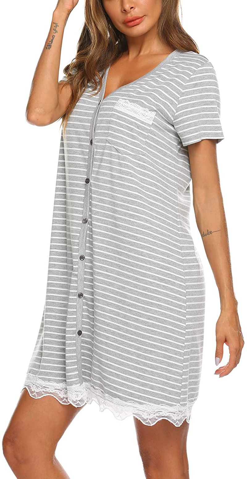 Ekouaer Women'S Nightgown Striped Tee Short Sleeve Cotton Sleep Nightshirt Button down Pajama Dress S-XXXL Apparel & Accessories > Clothing > Sleepwear & Loungewear > Nightgowns Kylie Max   