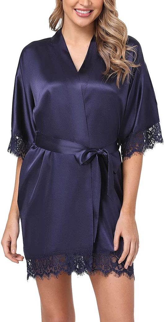 Old-Times Women Satin Short Robes for Bridesmaid Bride Sexy Nightgown Lace Trim Lightweight Bathrobe Apparel & Accessories > Clothing > Sleepwear & Loungewear > Robes Old-Times Navy X-Large 