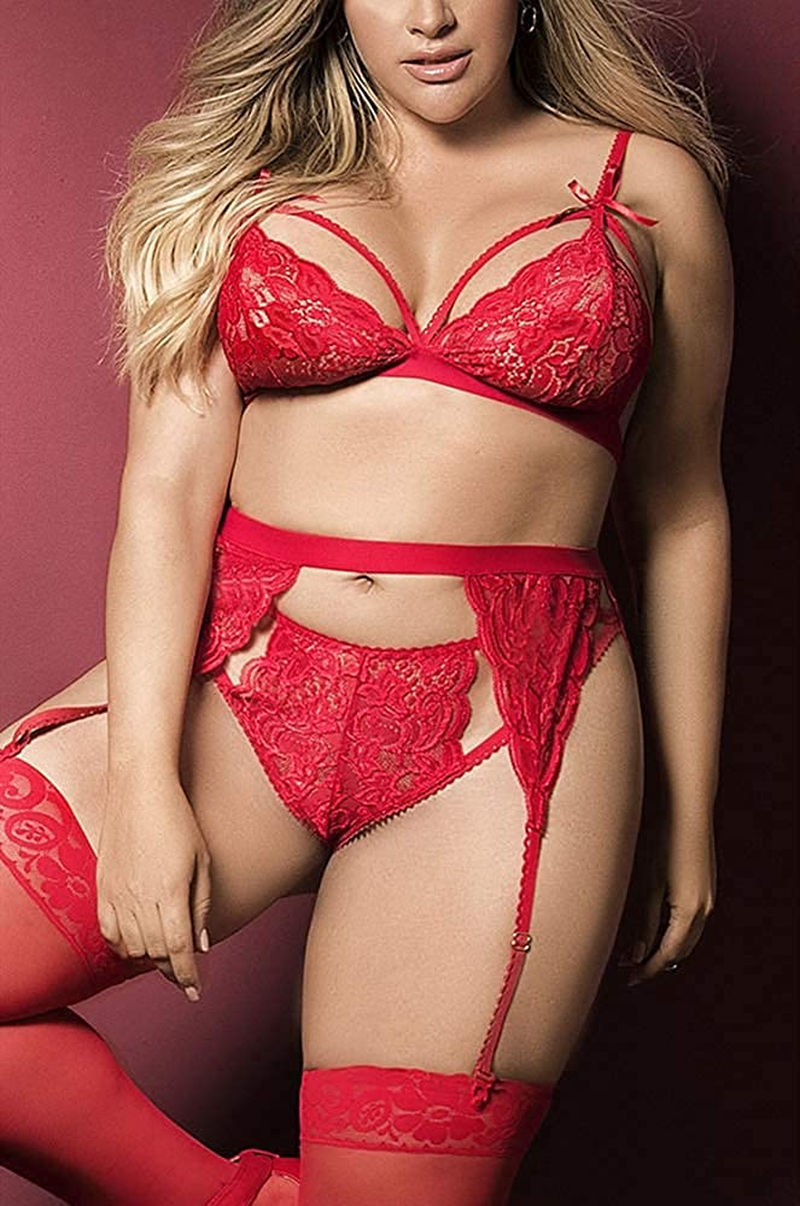 Women plus Size Lingerie Set with Garter Belt 3 Piece Sexy Strap Bra and Panty Lace Bodysuit Apparel & Accessories > Clothing > Underwear & Socks > Lingerie KYLIE MAX   