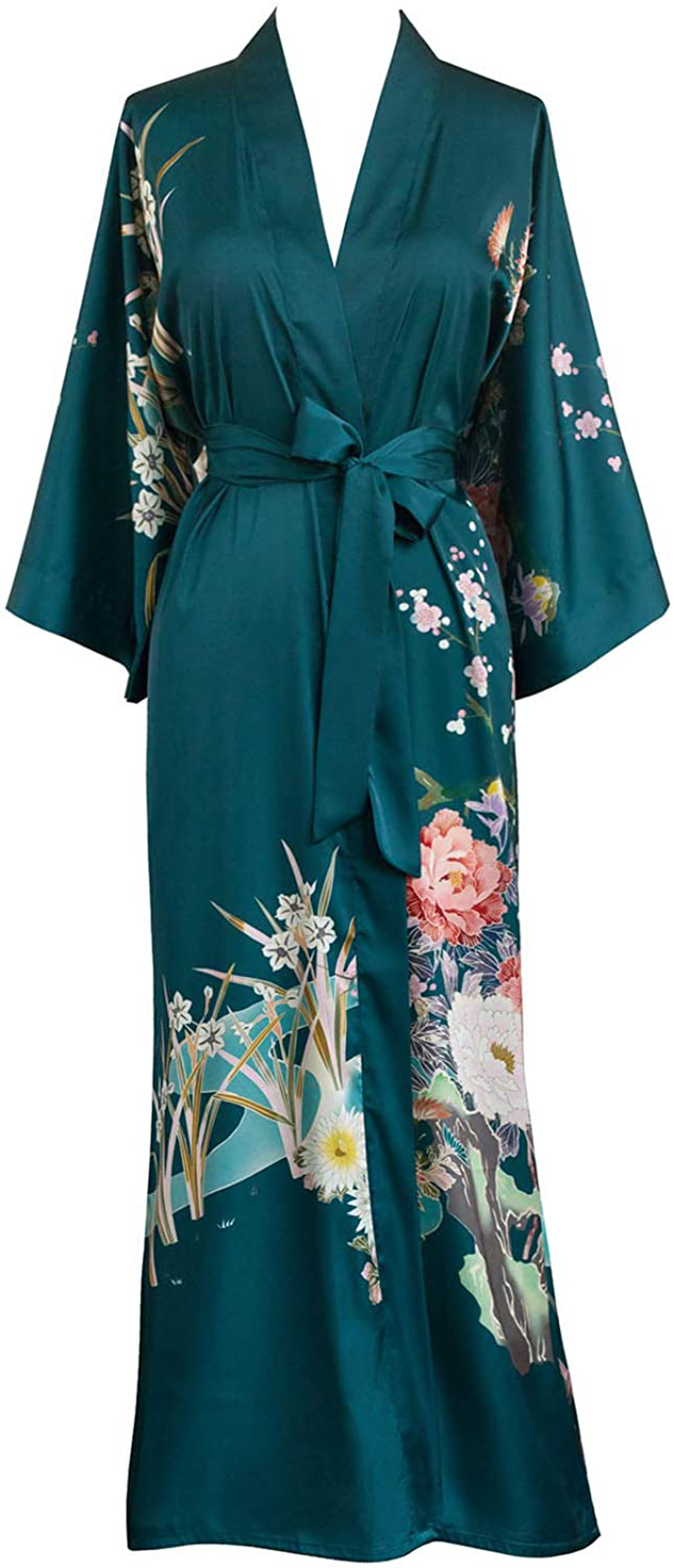 KIM+ONO Women'S Charmeuse Kimono Robe Long - Watercolor Floral Apparel & Accessories > Clothing > Sleepwear & Loungewear > Robes KIM+ONO Spring Floral - Vintage Teal  