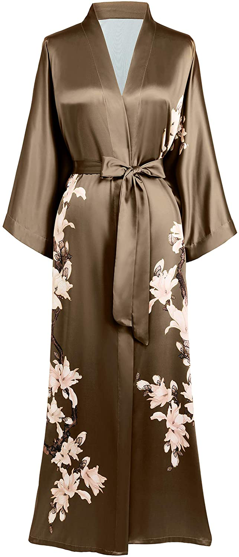 BABEYOND Kimono Robe Cover up Long Floral Satin Sleepwear Silky Bathrobe Bachelorette Robe Apparel & Accessories > Clothing > Sleepwear & Loungewear > Robes KYLIE MAX Peanut  