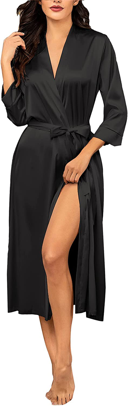 Hotouch Satin Robe Silky Kimono Bathrobe for Bride Bridesmaids,Wedding Party Loungewear Long with Pockets Apparel & Accessories > Clothing > Sleepwear & Loungewear > Robes Hotouch Black Large 