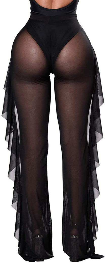 COCOLEGGINGS Women'S Sheer Mesh Ruffle Pants Swimsuit Bikini Bottom Cover Ups Apparel & Accessories > Clothing > Swimwear Kylie Max   