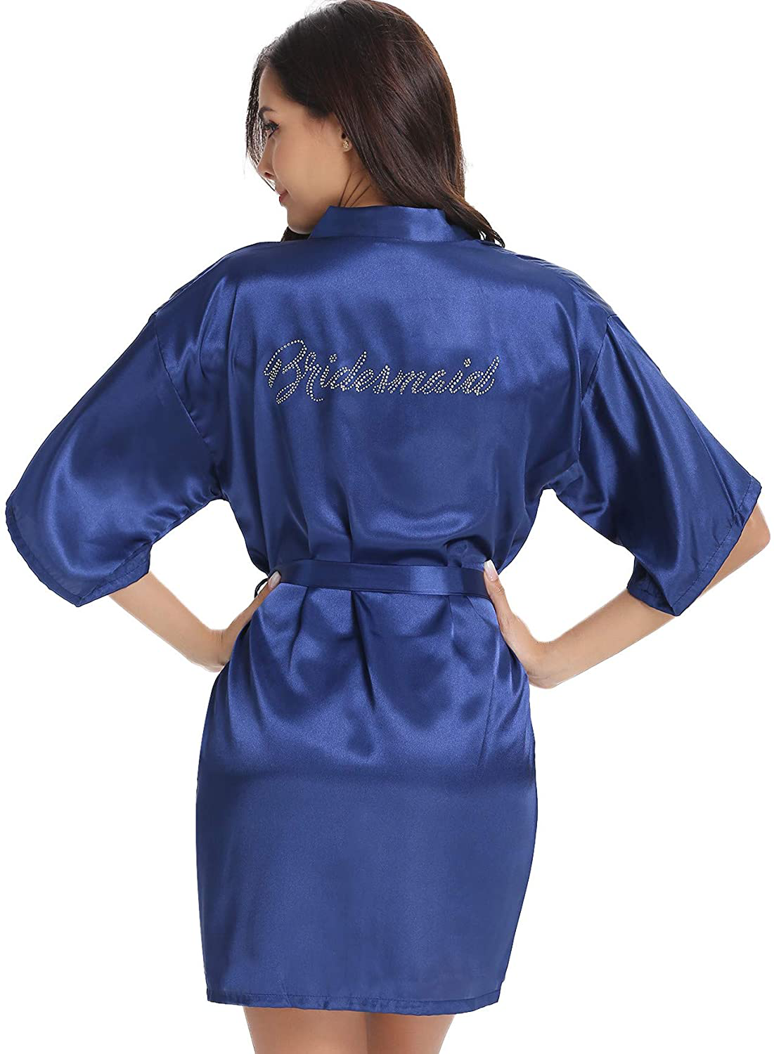 Vlazom Women'S Satin Robe Short Kimono for Bride & Bridesmaid Wedding Party Robes with Gold Glitter or Rhinestones Apparel & Accessories > Clothing > Sleepwear & Loungewear > Robes KYLIE MAX Dark Blue for Bridesmaid（back in Rhinestones） XX-Large 