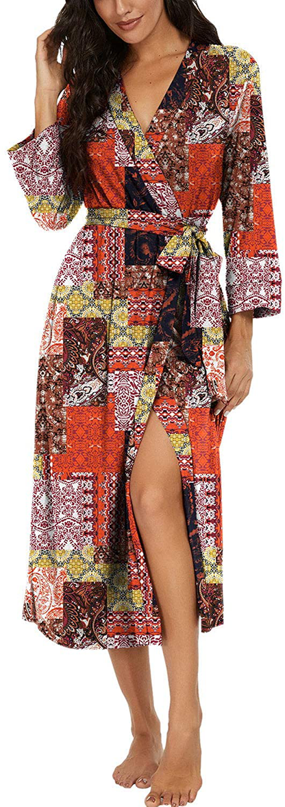 VINTATRE Women Kimono Robes Long Knit Bathrobe Lightweight Soft Knit Sleepwear V-Neck Casual Ladies Loungewear Apparel & Accessories > Clothing > Sleepwear & Loungewear > Robes VINTATRE D05 Fp-color Block Mix Small 