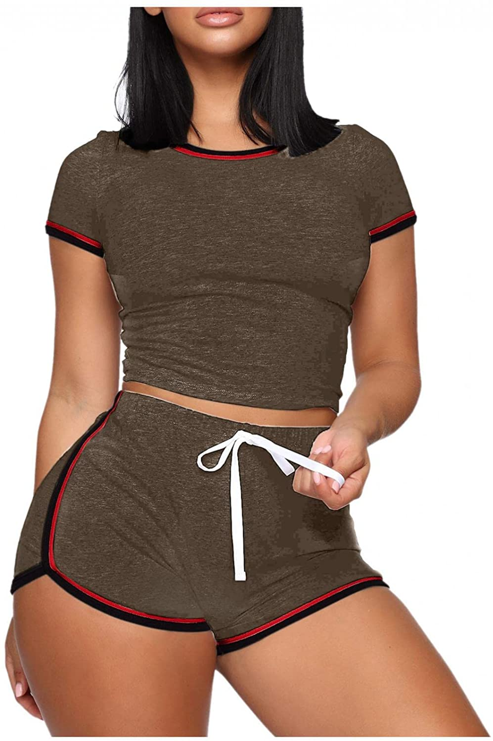 Burband Womens Casual Loungewear 2 Piece Shorts Sets Short Sleeve Sexy Crop Top and Jogger Shorts Summer Tracksuits Outfits Apparel & Accessories > Clothing > Underwear & Socks > Shapewear Burband Coffee Medium 