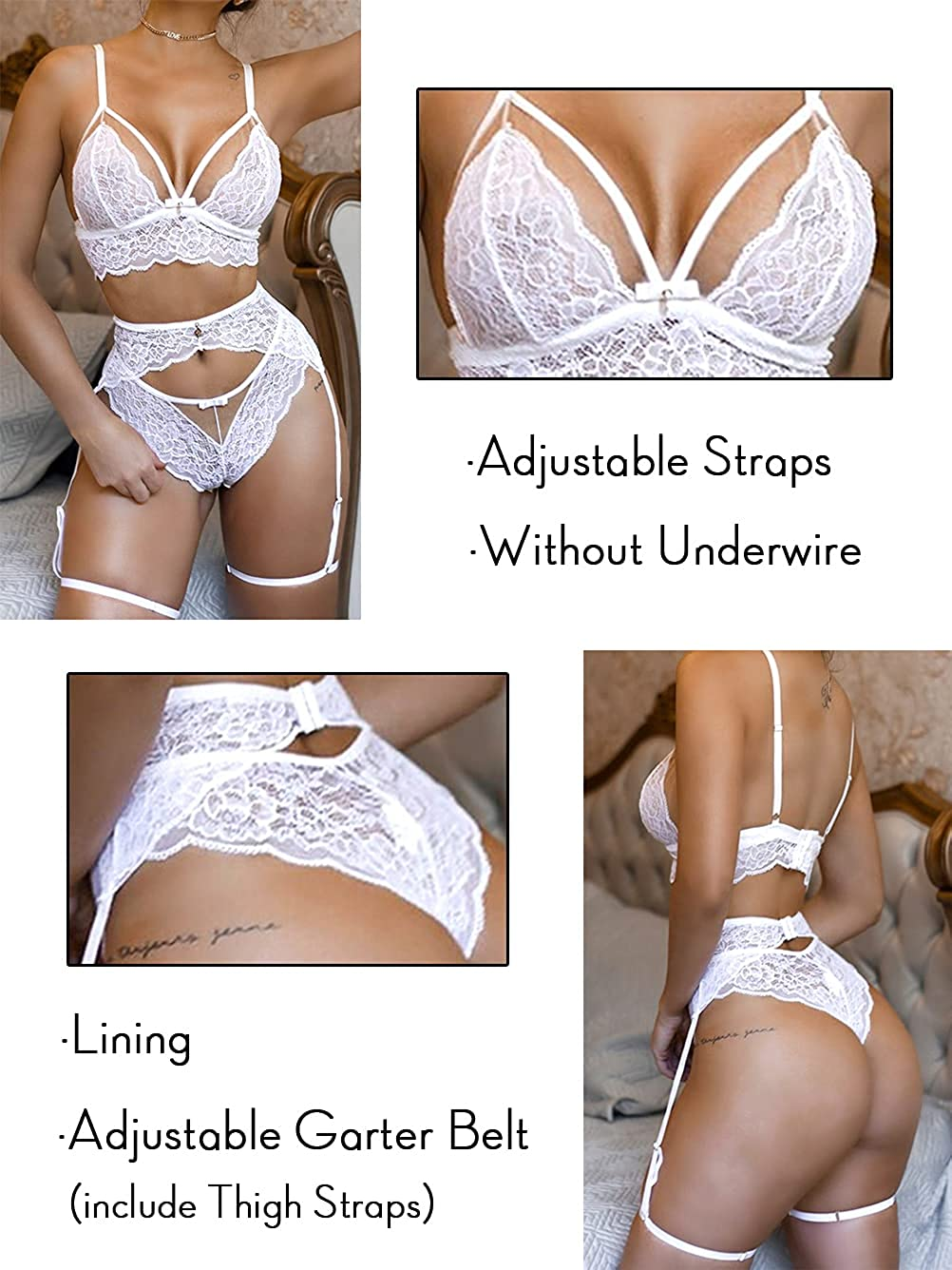 Kaei&Shi Sheer Floral Lace, Double Straps, Thigh Garter, 3 Pieces Lingerie Set Apparel & Accessories > Clothing > Underwear & Socks > Lingerie Kaei&Shi   