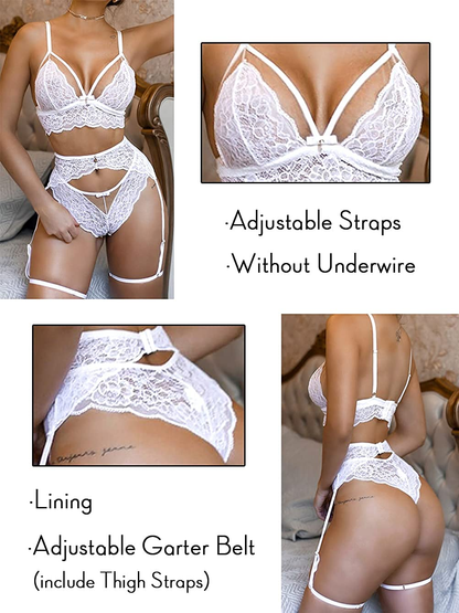 Kaei&Shi Sheer Floral Lace, Double Straps, Thigh Garter, 3 Pieces Lingerie Set Apparel & Accessories > Clothing > Underwear & Socks > Lingerie Kaei&Shi   
