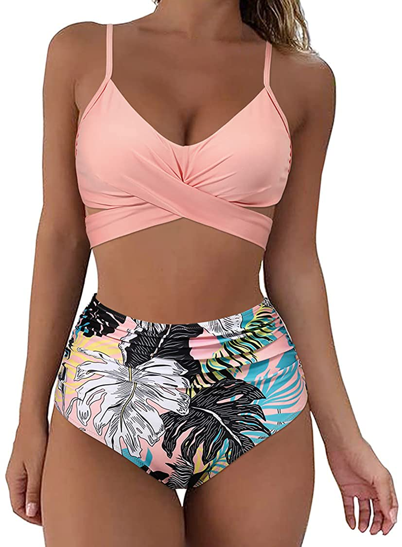 SUUKSESS Women Wrap Bikini Set Push Up High Waisted 2 Piece Swimsuits Apparel & Accessories > Clothing > Swimwear SUUKSESS 87 Pink Floral 16-18 