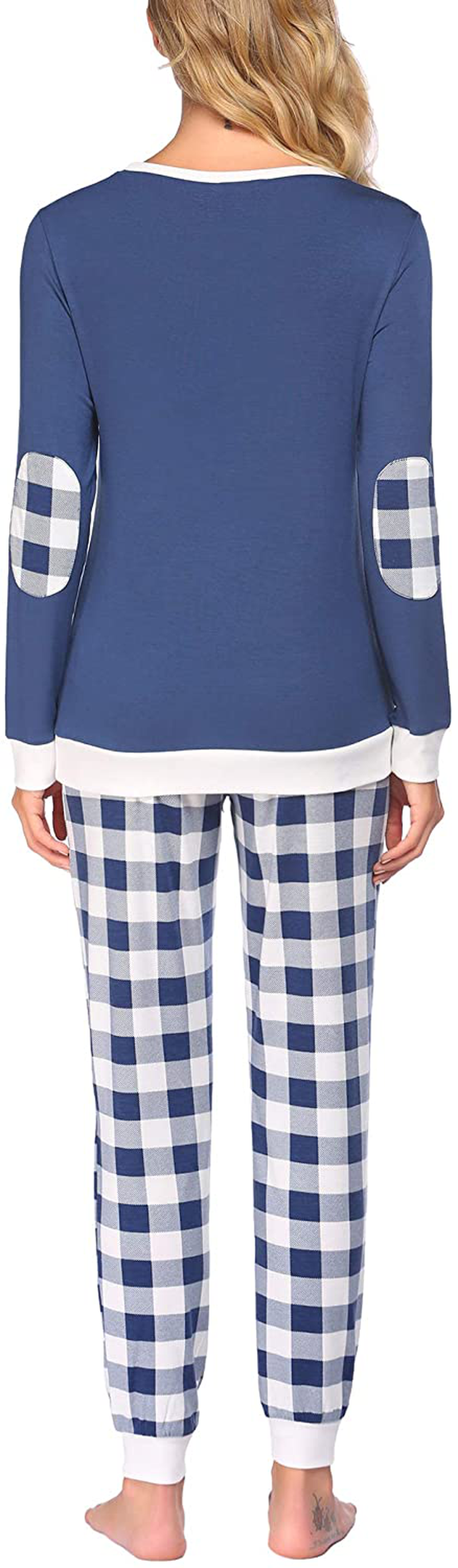 Ekouaer Women's Pajamas Sets Long Sleeve with Plaid Pants Soft Sleepwear O Neck 2 Piece Pjs Joggers Loung Set with Pockets Apparel & Accessories > Clothing > Sleepwear & Loungewear > Pajamas Ekouaer   