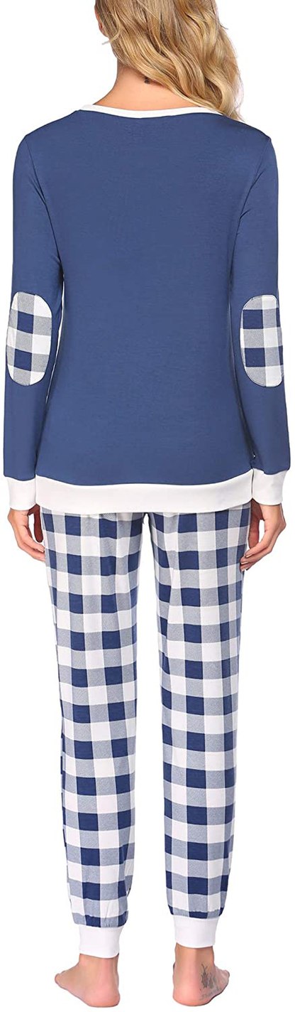 Ekouaer Women's Pajamas Sets Long Sleeve with Plaid Pants Soft Sleepwear O Neck 2 Piece Pjs Joggers Loung Set with Pockets Apparel & Accessories > Clothing > Sleepwear & Loungewear > Pajamas Ekouaer   