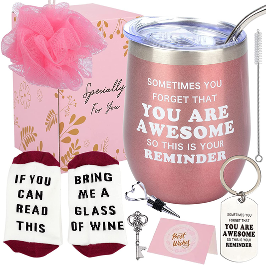 Wine Gifts for Women, Wine Tumbler Christmas Birthday Gift for Wife Sister Girlfriend Friend Lover, Wine Socks, Bottle Opener Stopper, Loofah Sponge, Greeting Card (Rose Gold) Arts & Entertainment > Party & Celebration > Gift Giving Sqeffort Rose Gold  