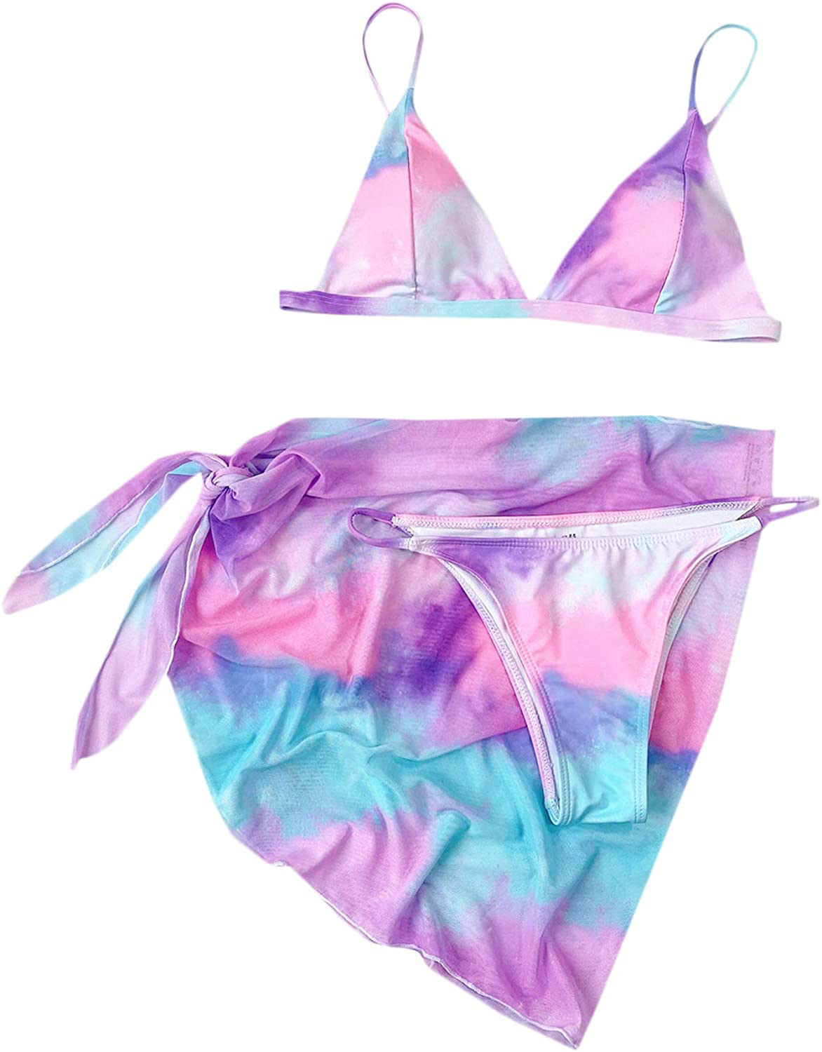SOLY HUX Women's Wrap Triangle Bikini Bathing Suits with Mesh Beach Skirt 3 Piece Swimsuits Apparel & Accessories > Clothing > Swimwear KYLIE MAX Purple Blue Tie Dye Small 