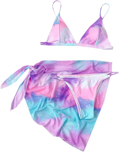 SOLY HUX Women's Wrap Triangle Bikini Bathing Suits with Mesh Beach Skirt 3 Piece Swimsuits Apparel & Accessories > Clothing > Swimwear KYLIE MAX Purple Blue Tie Dye Small 