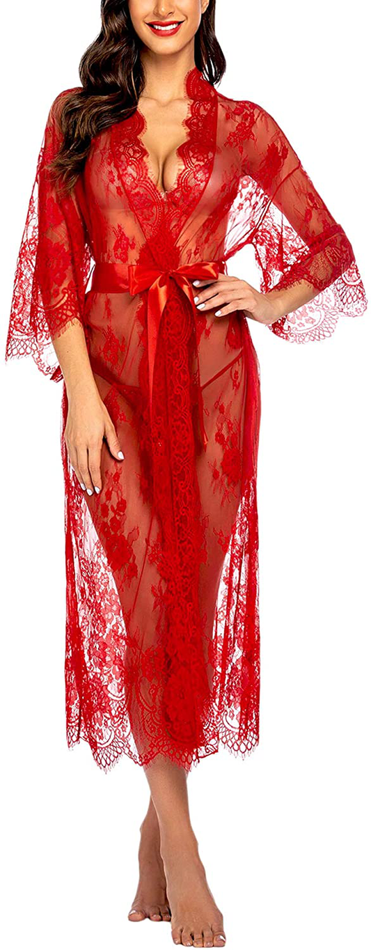 Avidlove Women Sexy Long Lace Lingerie Kimono Robe Sheer Babydoll Nightgown Nightdress Apparel & Accessories > Clothing > Underwear & Socks > Lingerie Kylie Max   