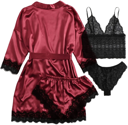 WDIRARA Women'S 4 Pieces Satin Floral Lace Cami Top Lingerie Pajama Set with Robe Apparel & Accessories > Clothing > Sleepwear & Loungewear Kylie Max   