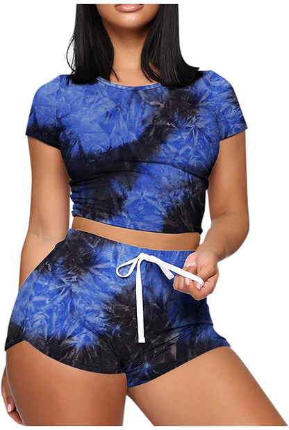 Burband Womens 2 Piece Short Lounge Sets Short Sleeve Summer Crop Top and Biker Shorts Active Tracksuits Jogger Sweatsuits Apparel & Accessories > Clothing > Underwear & Socks > Shapewear Burband Blue XX-Large 