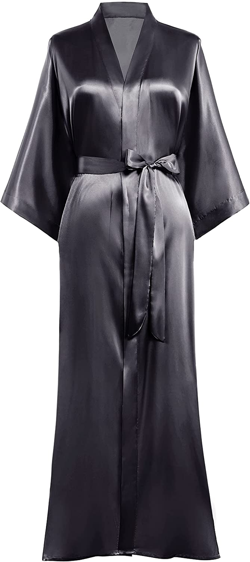 PRODESIGN Satin Kimono Robe Long Silky Kimono Bathrobe Sleepwear Wedding Bridesmaid Robe Apparel & Accessories > Clothing > Sleepwear & Loungewear > Robes KYLIE MAX Charcoal Gray  