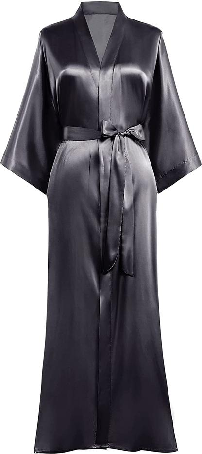 PRODESIGN Satin Kimono Robe Long Silky Kimono Bathrobe Sleepwear Wedding Bridesmaid Robe Apparel & Accessories > Clothing > Sleepwear & Loungewear > Robes KYLIE MAX Charcoal Gray  