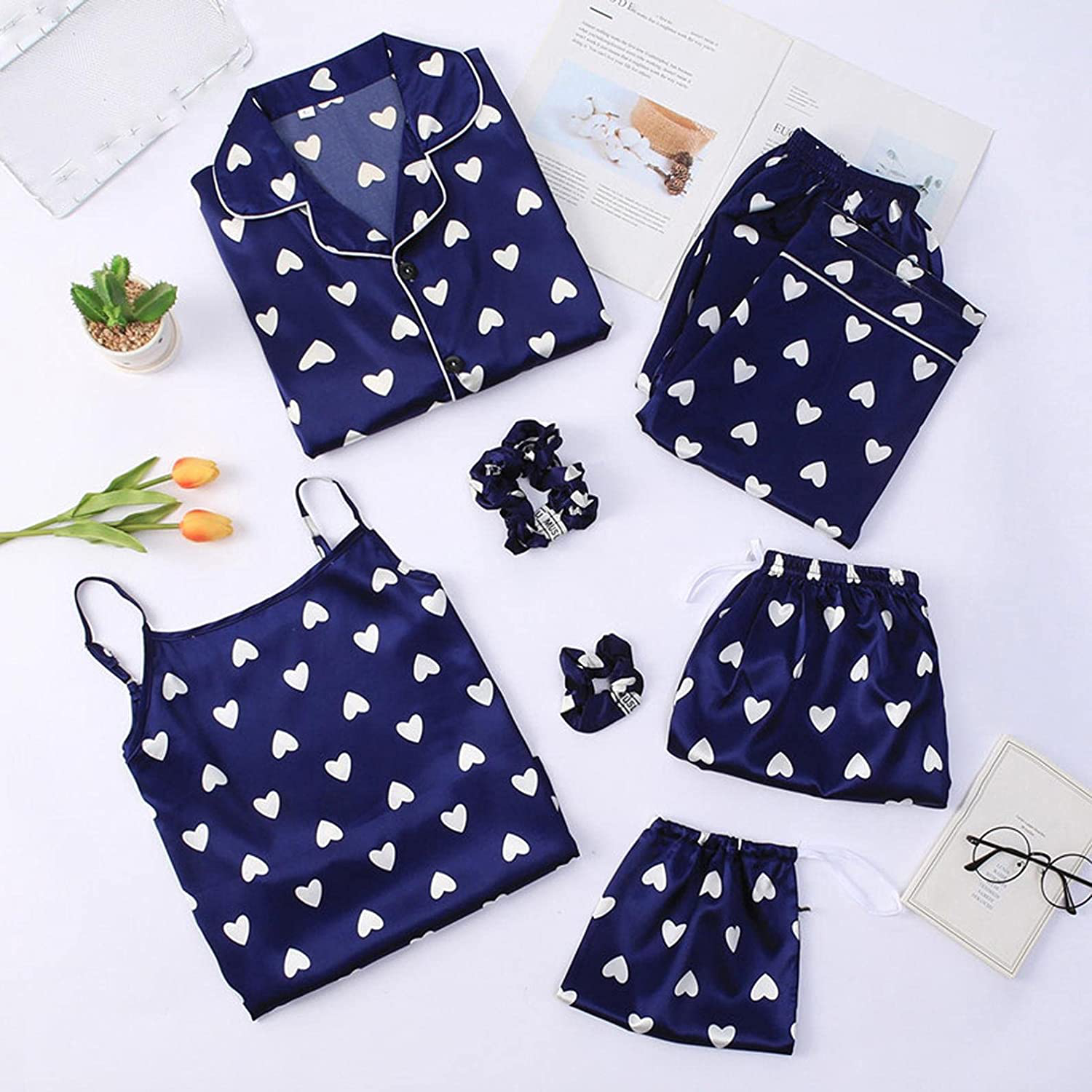 Women'S 7 Piece Print Pajama Set Satin Pajamas Set Sleepwear Sexy Cami Pjs with Button down Long Sleeve Shirt and Eye Mask Apparel & Accessories > Clothing > Sleepwear & Loungewear Kylie Max   