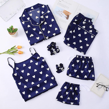 Women'S 7 Piece Print Pajama Set Satin Pajamas Set Sleepwear Sexy Cami Pjs with Button down Long Sleeve Shirt and Eye Mask Apparel & Accessories > Clothing > Sleepwear & Loungewear Kylie Max   