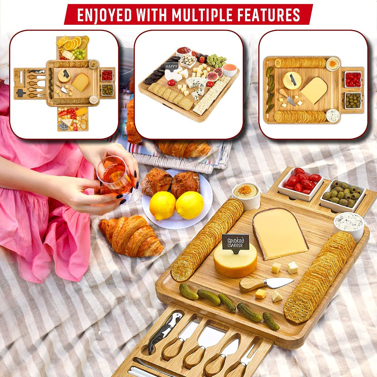 Cheese Board 2 Ceramic Bowls 2 Serving Plates. Magnetic 4 Drawers Bamboo Charcuterie Cutlery Knife Set, 2 Server Forks, Wine Opener, Labels, Markers, Gift for Birthdays, Wedding Registry,Housewarming Arts & Entertainment > Party & Celebration > Gift Giving House Ur Home   