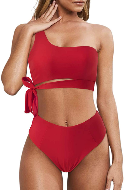 MOOSLOVER Women One Shoulder High Waisted Bikini Tie High Cut Two Piece Swimsuits Apparel & Accessories > Clothing > Swimwear MOOSLOVER Red Large 