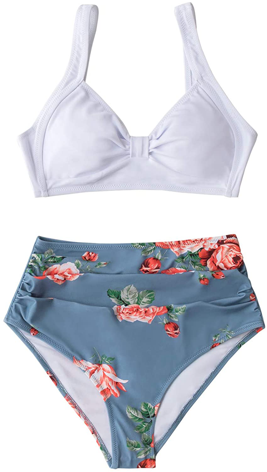 CUPSHE Women's High Waist Bikini Swimsuit Floral Print Knot Two Piece Bathing Suit Apparel & Accessories > Clothing > Swimwear KYLIE MAX White Blue X-Large 