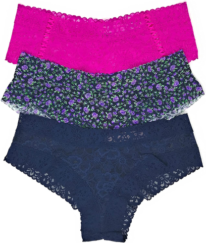 Victoria'S Secret the Lacie Cheeky Panty Set of 3 Apparel & Accessories > Clothing > Underwear & Socks > Underwear Victoria's Secret Fuschia / Purple Mini Floral / Navy Medium 