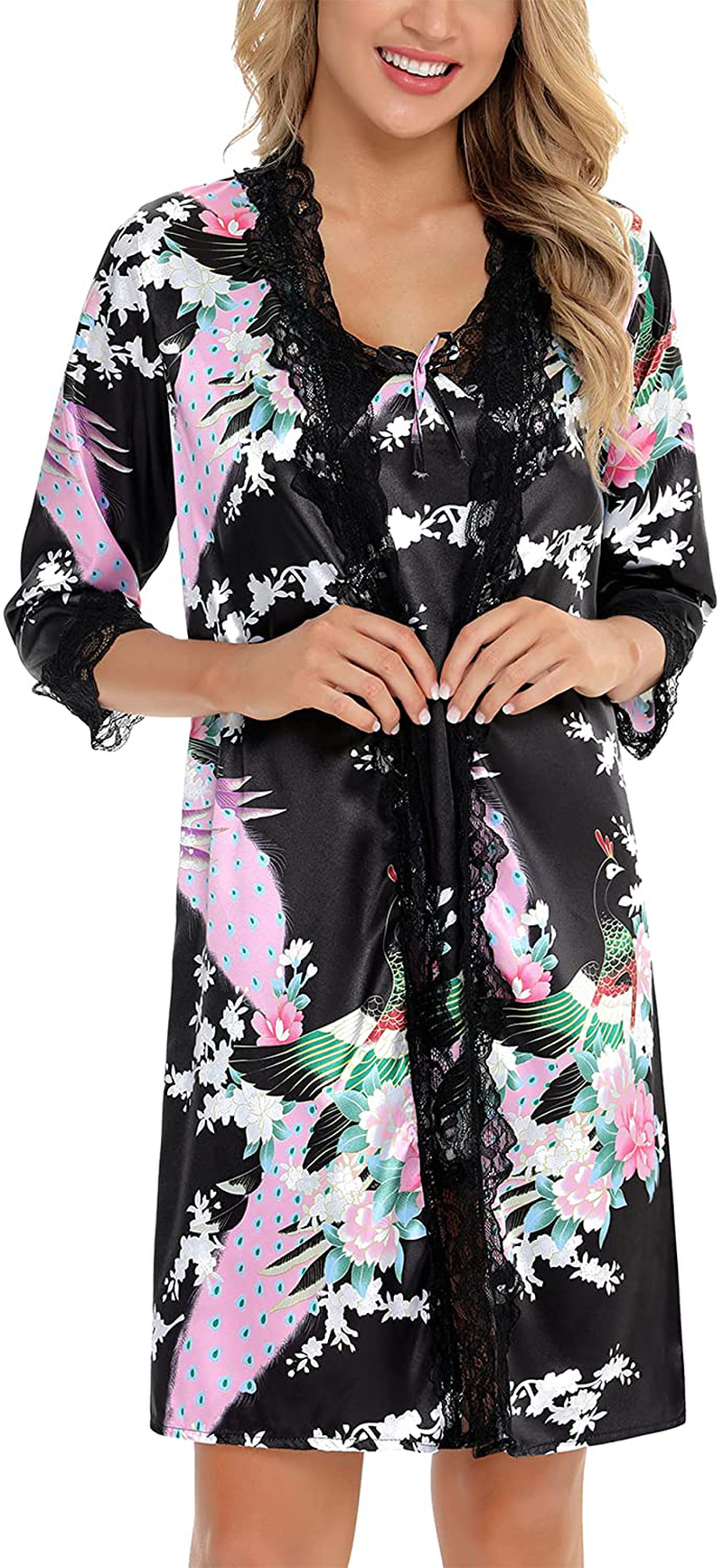 Sykooria Sexy Satin Robes for Women Lace Pajamas Set 2 Piece Sleepwear Ladies Lingerie Nightgown for Bride Party Apparel & Accessories > Clothing > Sleepwear & Loungewear > Robes Sykooria   